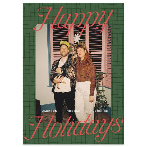 Happy Holidays Grid Pattern Photo Holiday Cards Hunter Green Signature Blank Standard