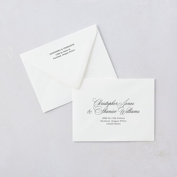 Elegant Old Money Script Photo Save the Date Magnet Euro Envelopes White Pure White Both Recipient and Return Addresses Luxe Signature
