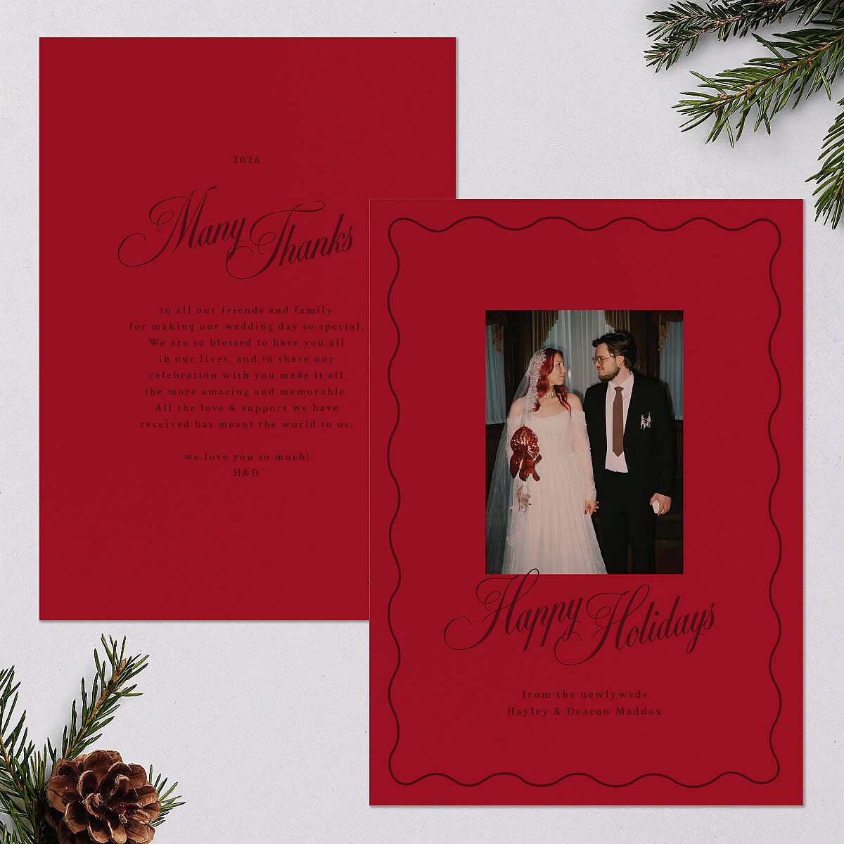 Holiday Eclectic Wavy Frame Holiday Cards Ruby Portrait Signature Blank Standard