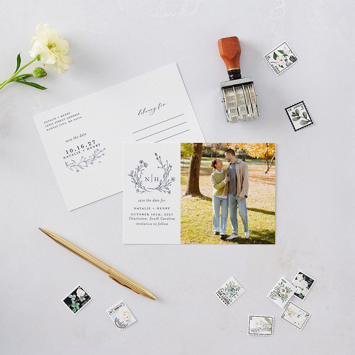 Natural Monogram Save The Date Postcards — view 2