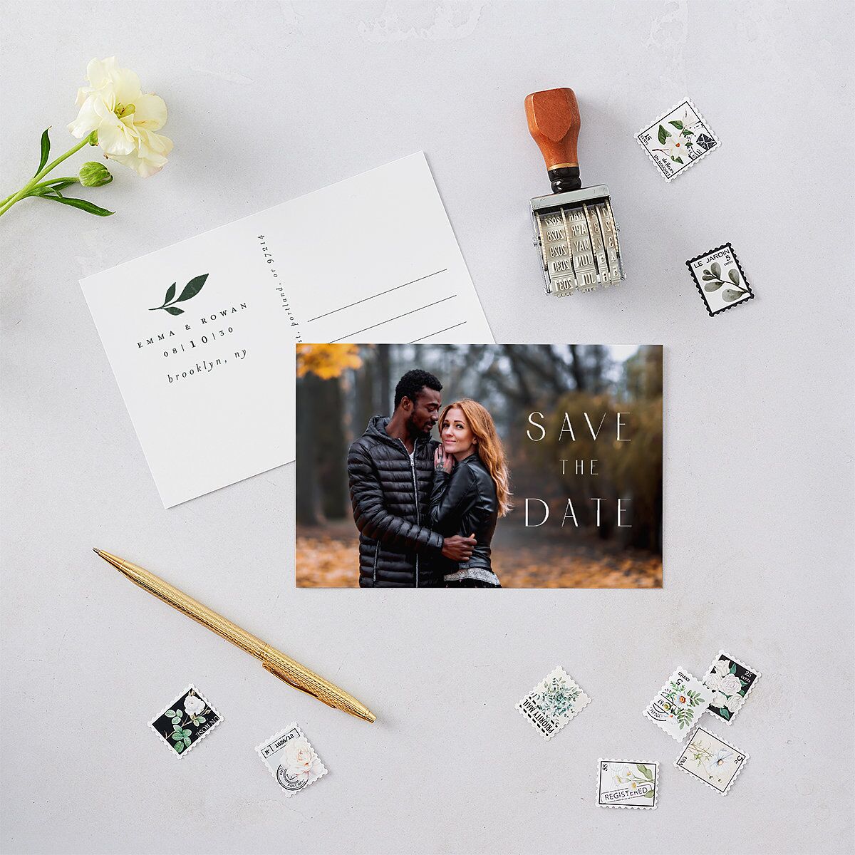 Gilded Leaves Save The Date Postcards Hunter Green