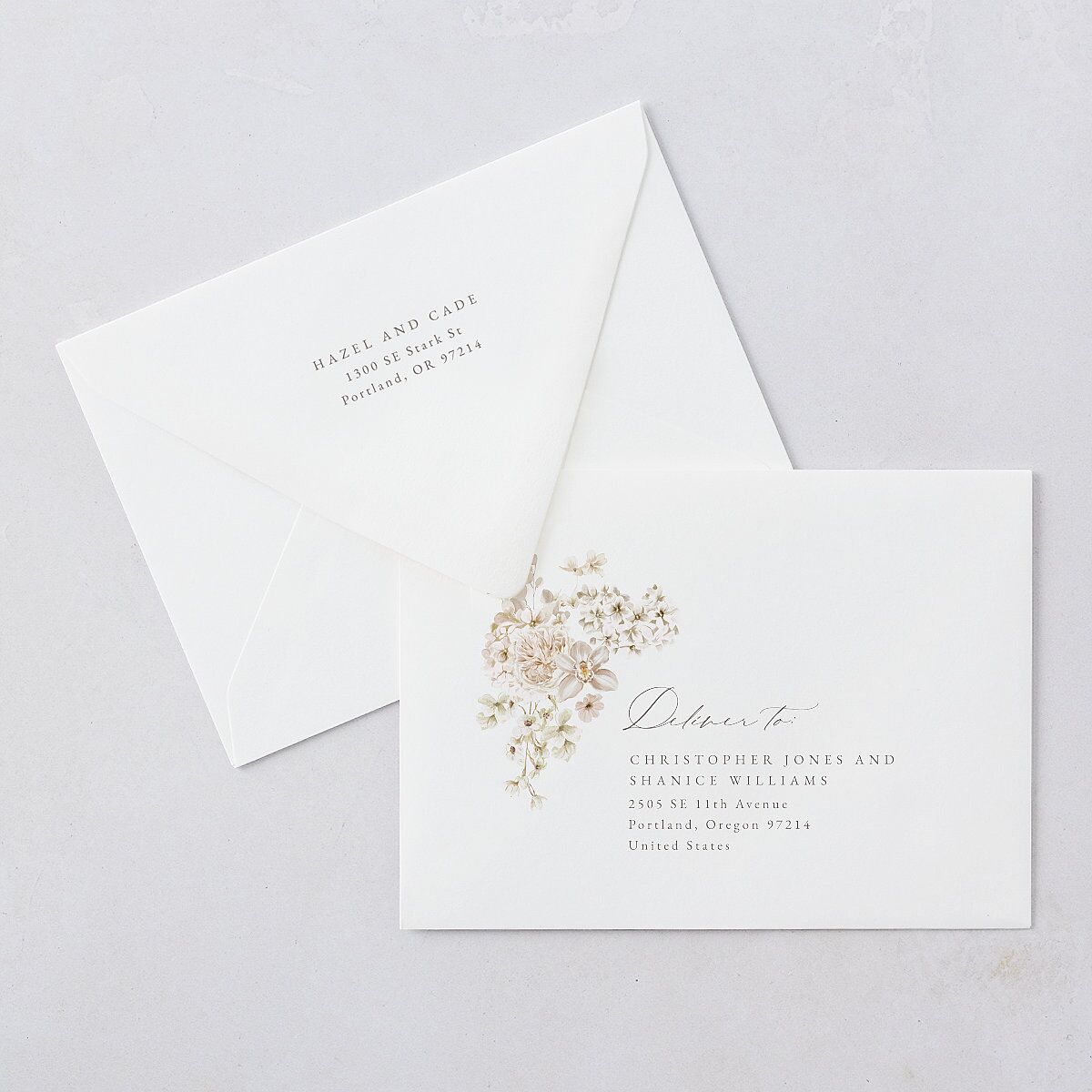 Luxury Floral Archway Wedding Invitation Euro Envelopes White Dijon Both Recipient and Return Addresses Luxe Signature