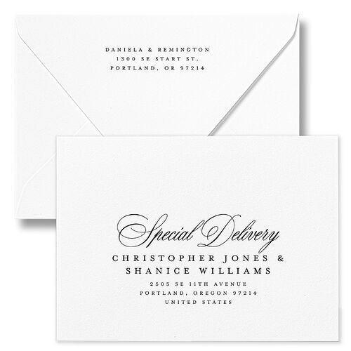 Modern Classic Picture Portrait Save The Date Card Euro Envelopes White Pure White Both Recipient and Return Addresses Luxe Signature