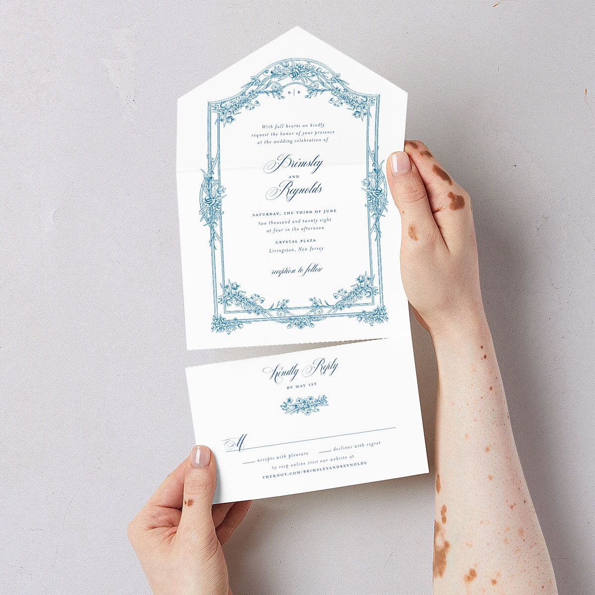 Elegant Antique Toile Frame All-in-One Wedding Invitations by Bridgerton Cruise Signature Light Both Recipient and Return Addresses No