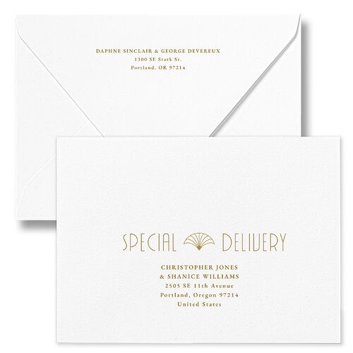Gatsby Deco Arch Save The Date Card Euro Envelopes White Pure White Both Recipient and Return Addresses Luxe Signature