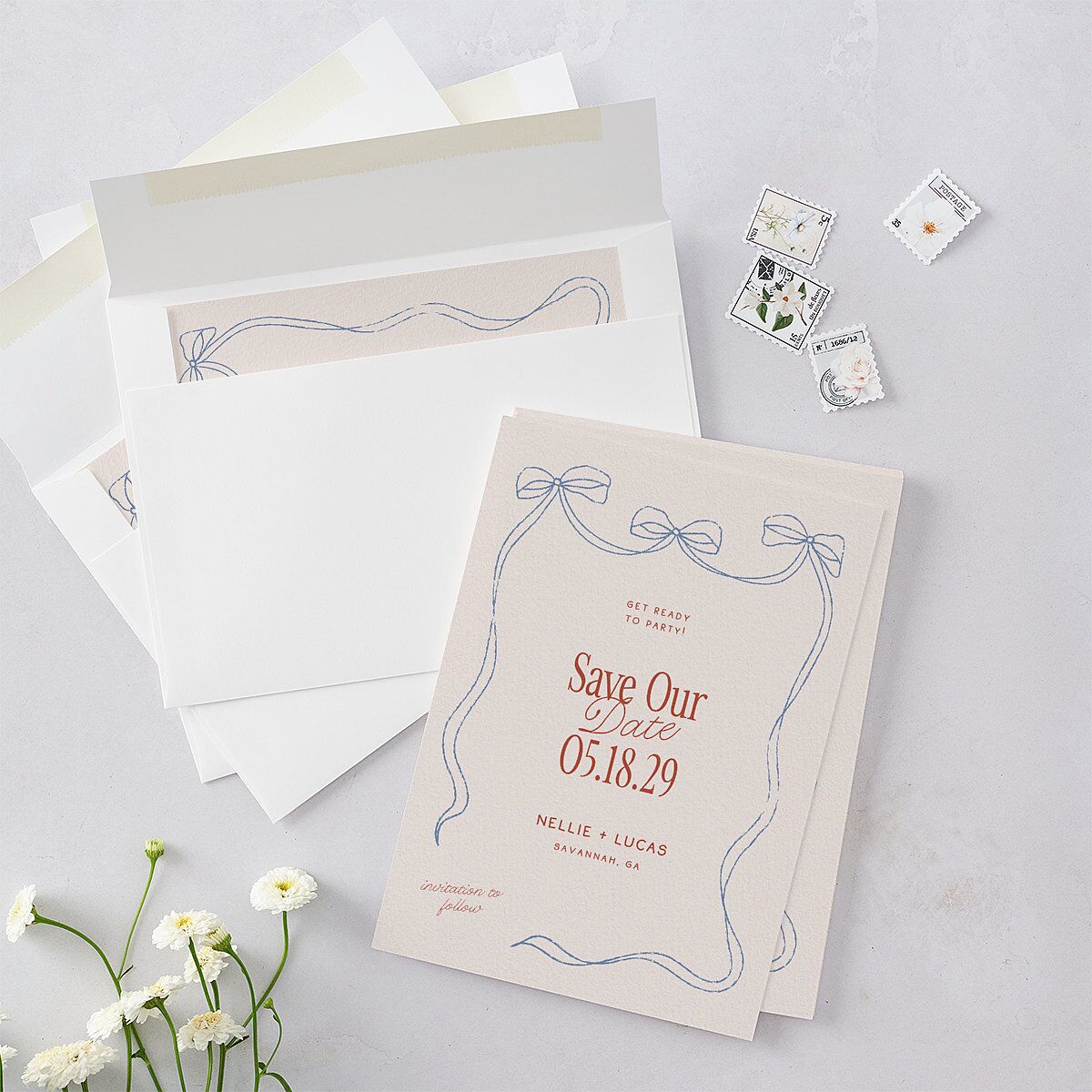 Modern Delicate Bows Save the Date Cards Jewel Red Signature smooth Blank No Standard