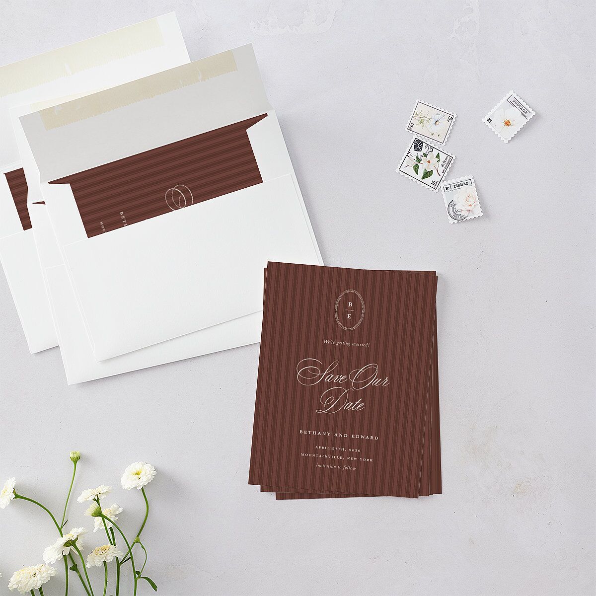 Vintage Oval Monogram Save the Date Petite Cards Merlot Signature smooth Blank No Standard