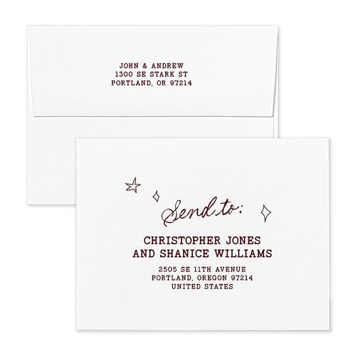 Hand Drawn Starry Christmas Photo Thank You Card Envelopes White Burgundy Both Recipient and Return Addresses Signature Standard