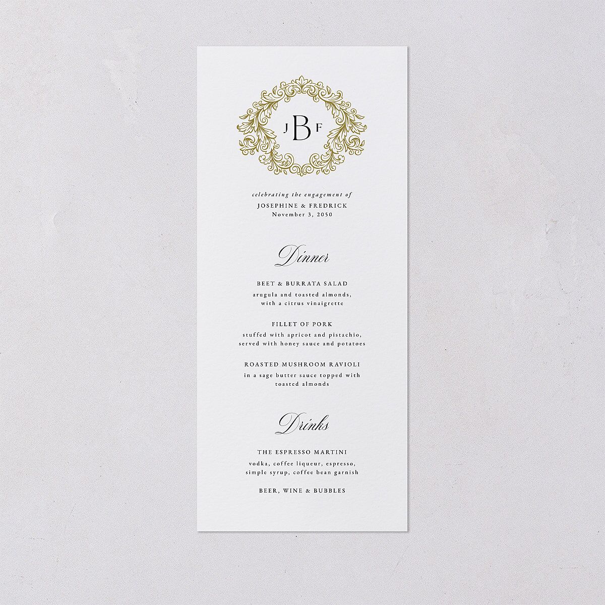 Black Tie Crest Engagement Party Menus Pure White Signature