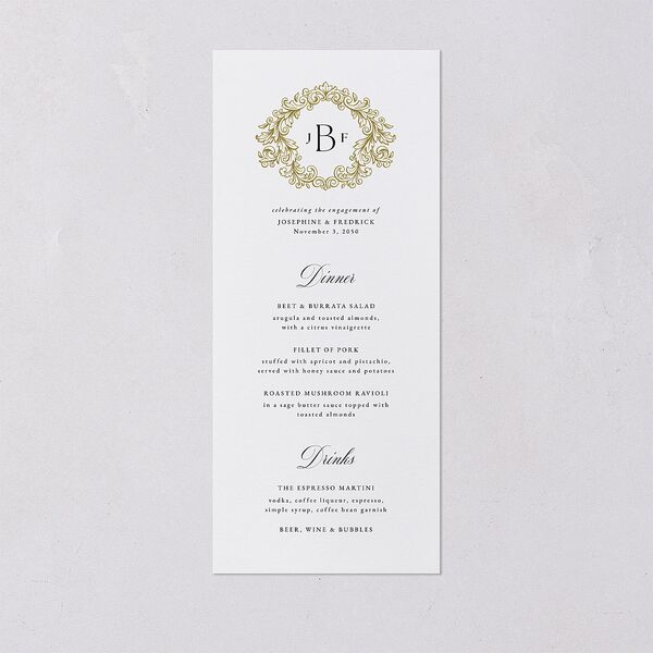 Black Tie Crest Engagement Party Menus Pure White Signature
