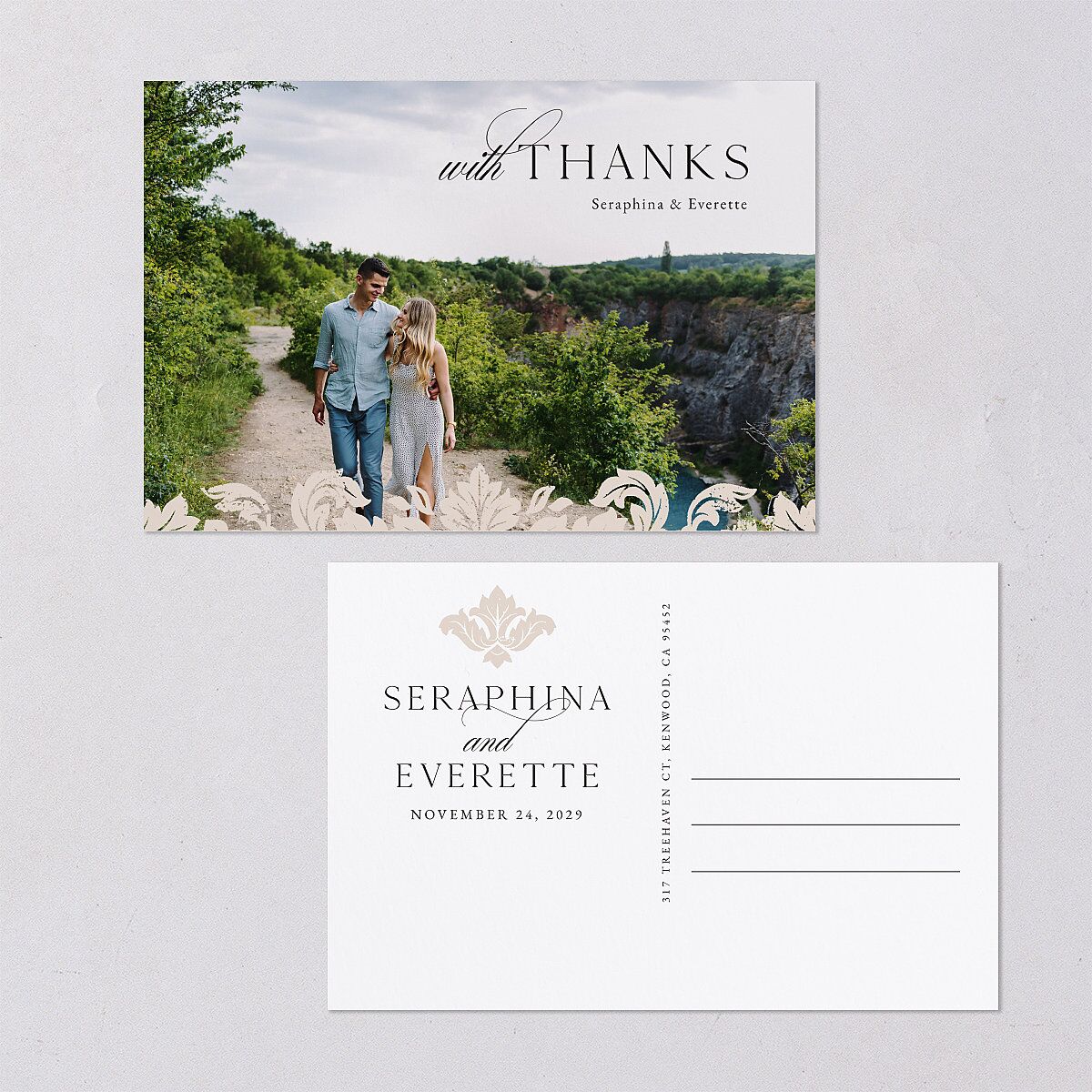 Elegant Damask Thank You Postcards Champagne Postcard