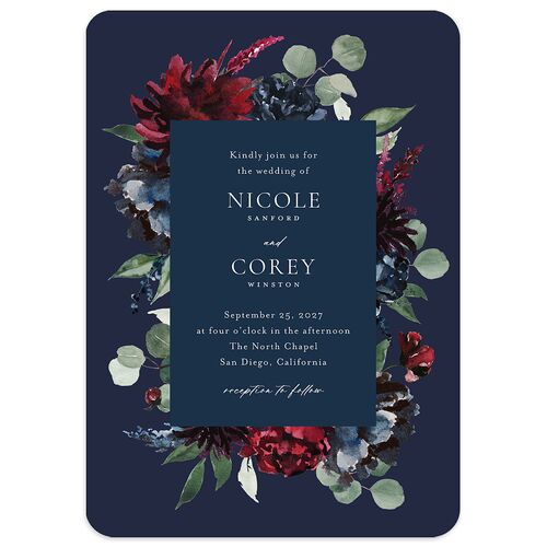 Timeless Bouquet Wedding Invitations Navy Signature Blank No Rounded