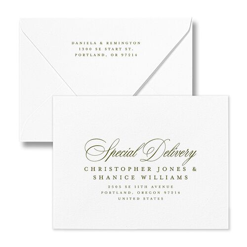 Modern Classic Picture Landscape Save the Date Magnet Euro Envelopes White Olive Both Recipient and Return Addresses Luxe Signature