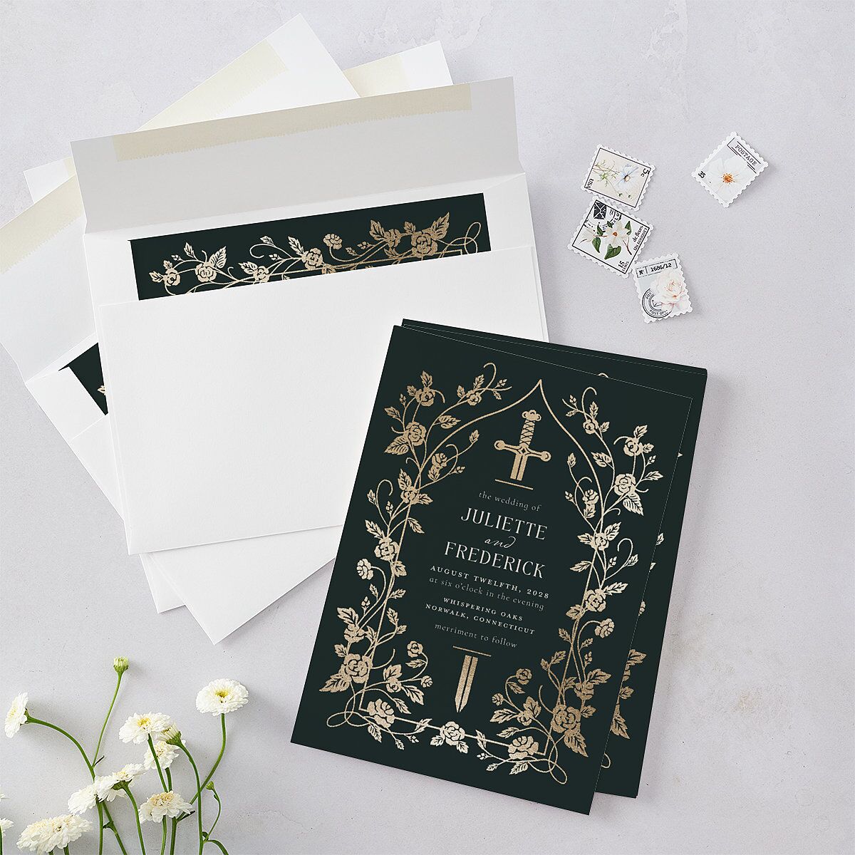 Sword and Roses Fantasy Garden Foil Wedding Invitations Wave Gold Signature Blank Standard No