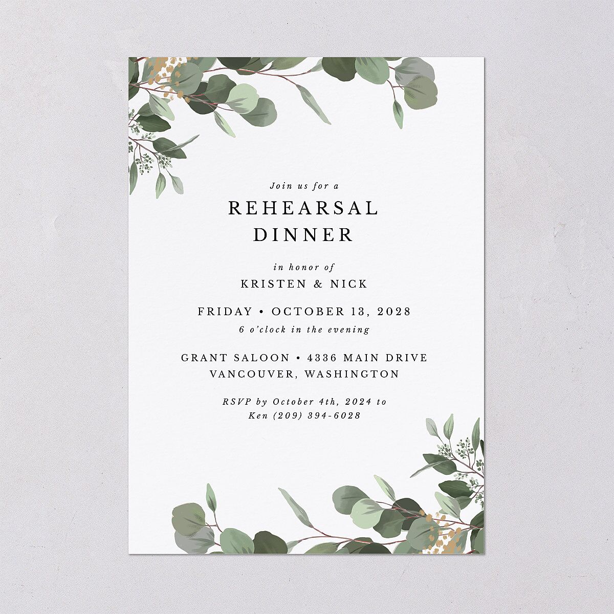Eucalyptus Frame Rehearsal Dinner Invitations Pure White Signature Blank Standard