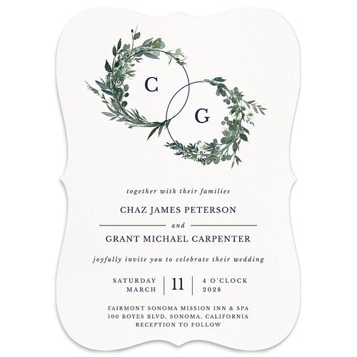 Leafy Hoops Wedding Invitations Navy Signature Blank No Bracket