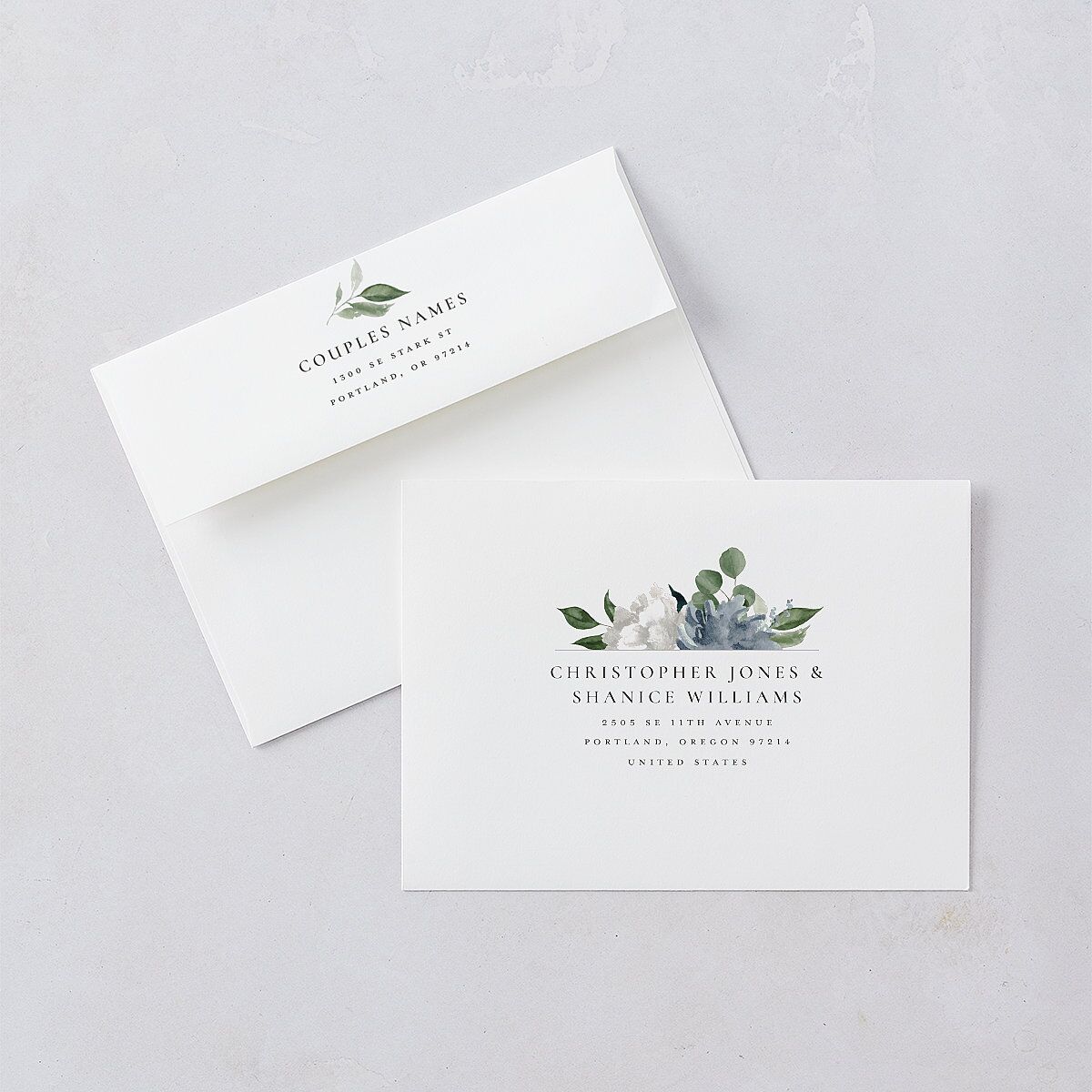 Timeless Bouquet Rehearsal Dinner Invitation Envelopes White Standard Dusty Blue Both Recipient and Return Addresses Signature