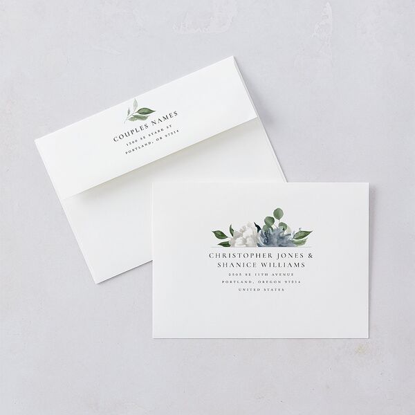 Timeless Bouquet Rehearsal Dinner Invitation Envelopes White Standard Dusty Blue Both Recipient and Return Addresses Signature