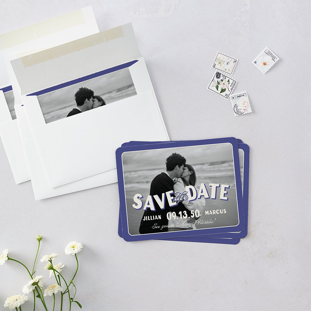 Retro Photo Postcard Inspired Save The Date Magnets Sapphire Magnet Paper