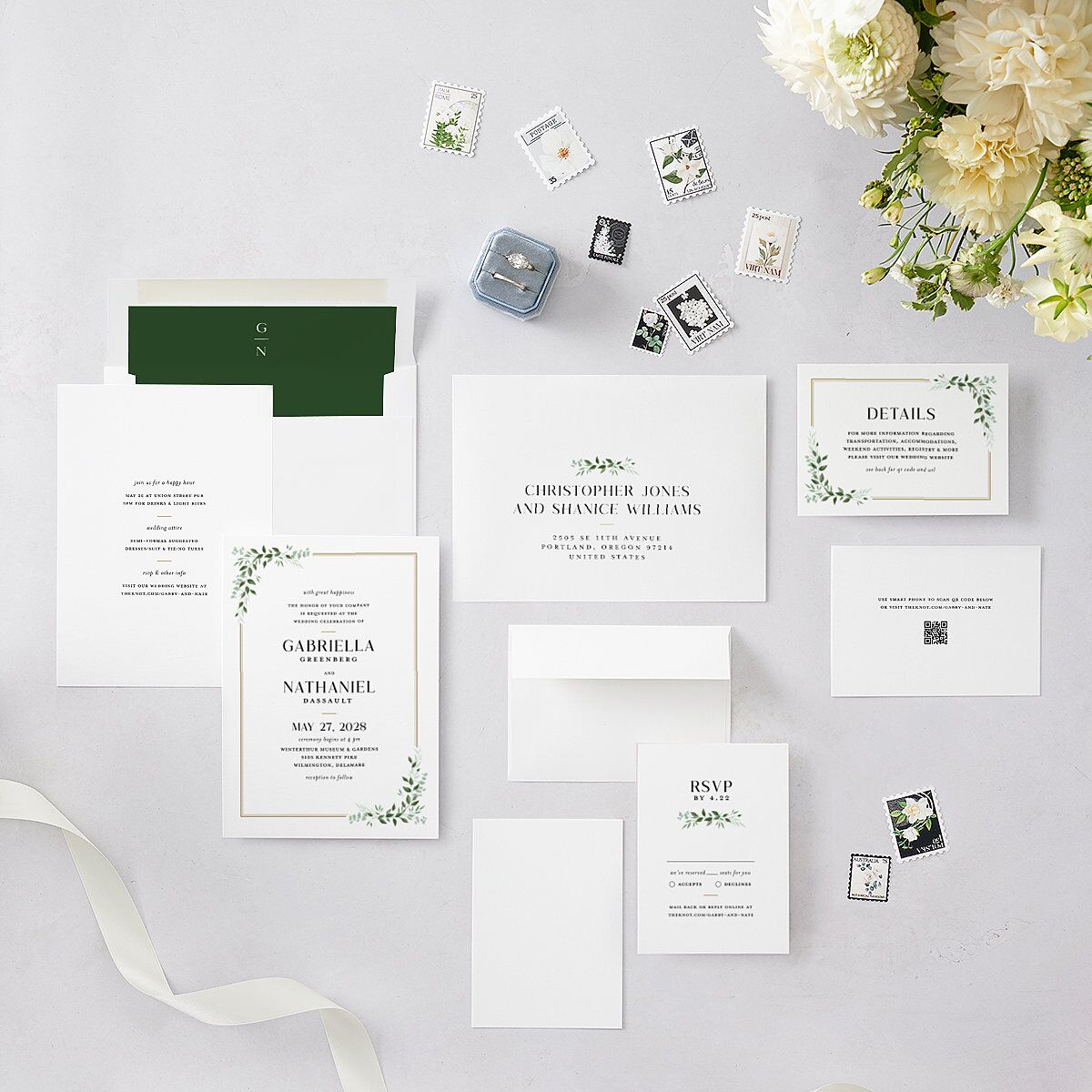 Greenery Frame Wedding Invitations Pure White Signature Blank No Standard