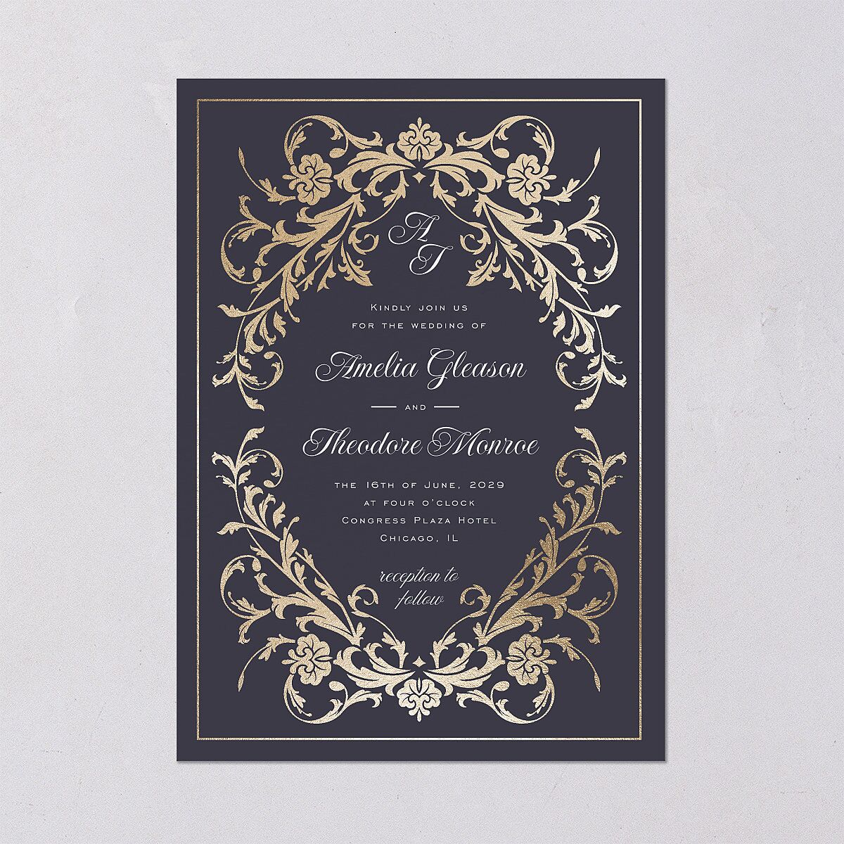 Romantic Vintage Luxury Foil Wedding Invitations Gold Moody Blue Signature Blank No Standard