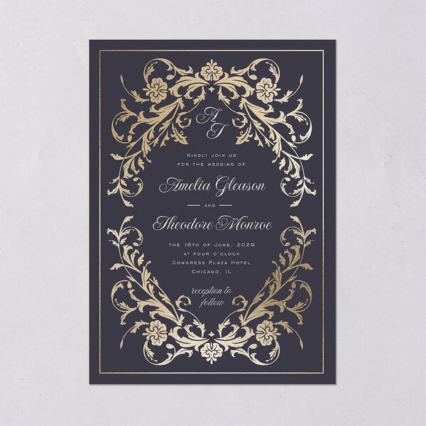 Romantic Vintage Luxury Foil Wedding Invitations Gold Moody Blue Signature Blank No Standard