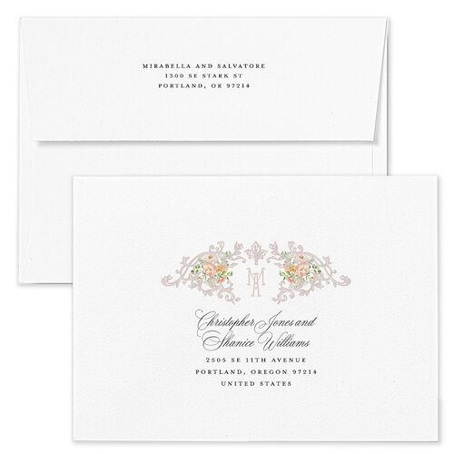 Elegant Floral Regency Wedding Invitation Envelopes White Pink Cotton Both Recipient and Return Addresses Standard Signature