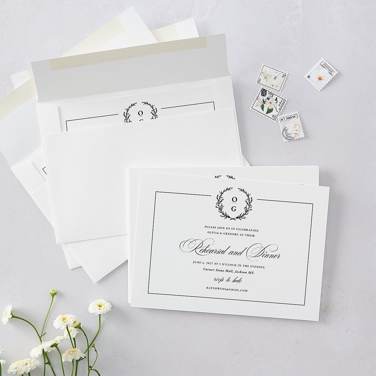 Gilded Wreath Rehearsal Dinner Invitations Pure White Signature Blank Standard
