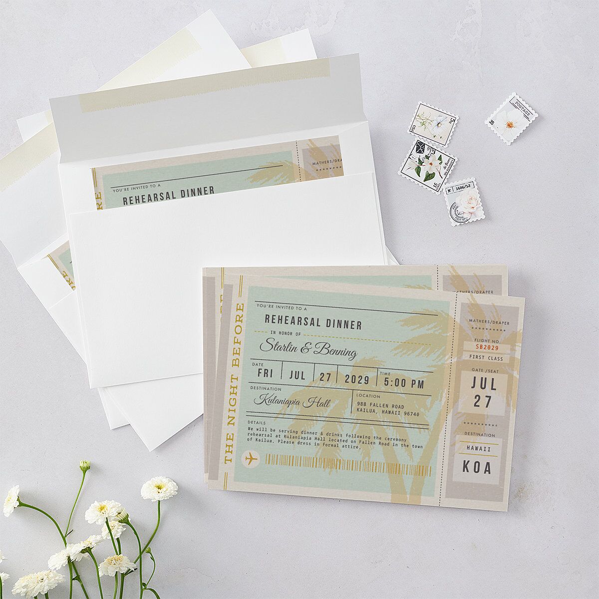 Retro Boarding Pass Rehearsal Dinner Invitations Mint Green Signature Blank