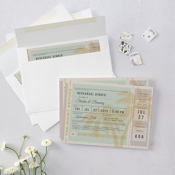 Retro Boarding Pass Rehearsal Dinner Invitations Mint Green Signature Blank