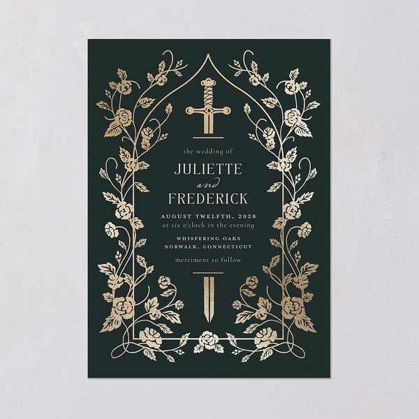 Sword and Roses Fantasy Garden Foil Wedding Invitations Wave Gold Signature Blank Standard No