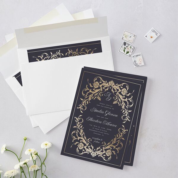 Romantic Vintage Luxury Foil Wedding Invitations Gold Moody Blue Signature Blank No Standard