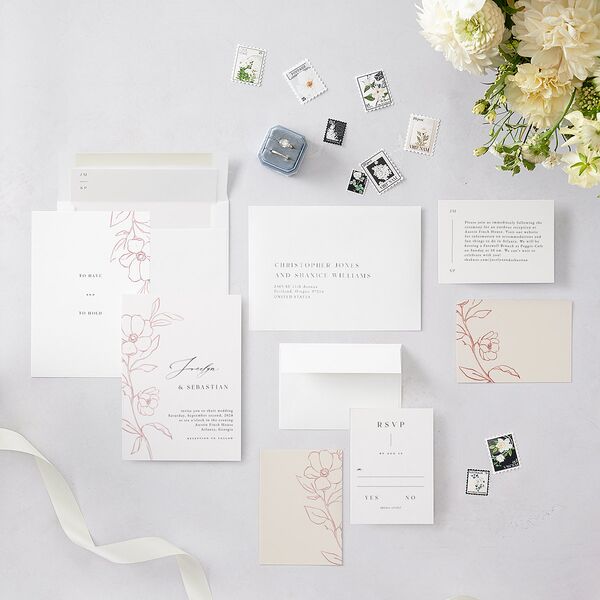 Floral Sketch Wedding Invitations Off-White Signature Blank No Standard