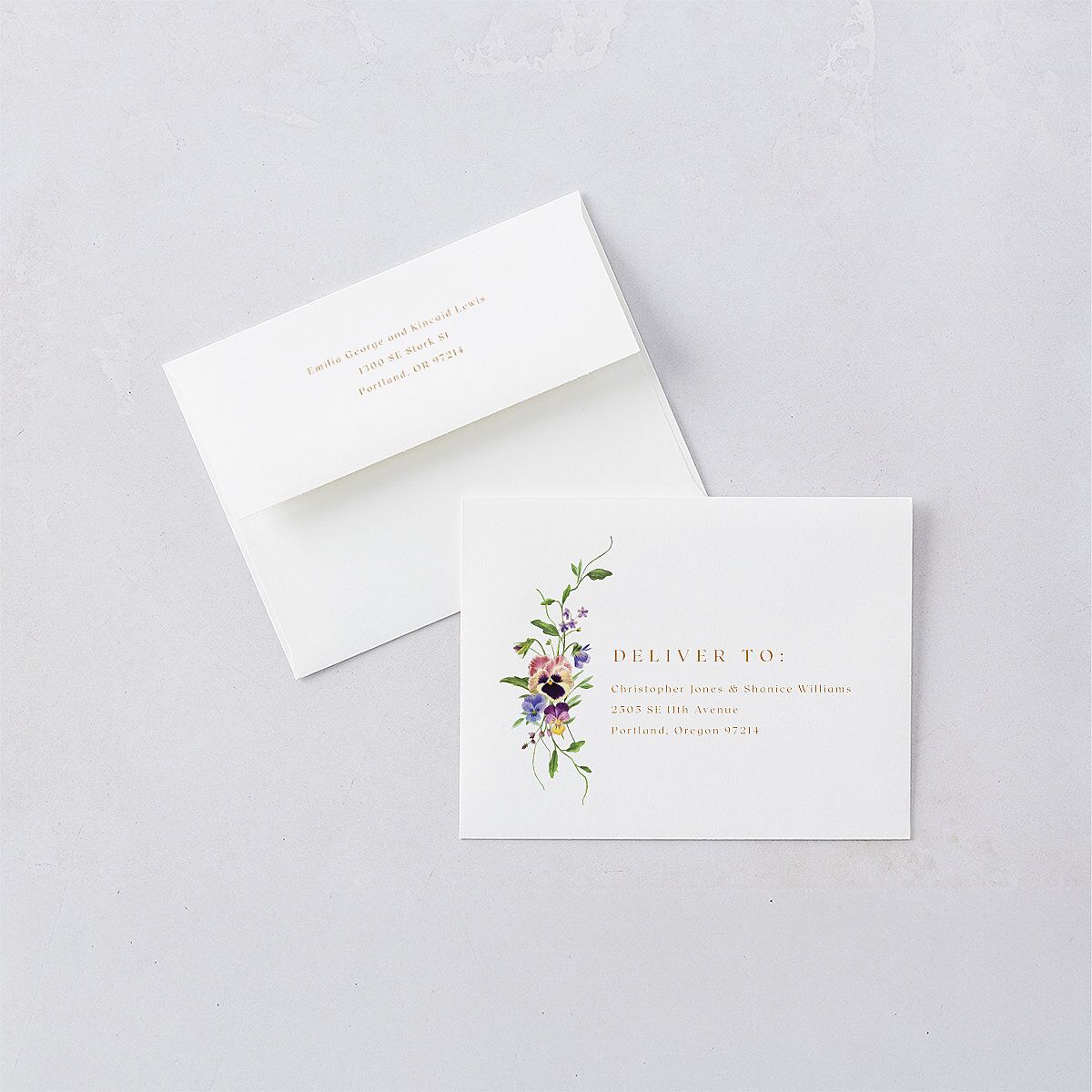 Wild Pansies Save the Date Magnet Envelopes White Rose Gold Both Recipient and Return Addresses Signature Standard