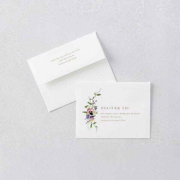 Wild Pansies Save the Date Magnet Envelopes White Rose Gold Both Recipient and Return Addresses Signature Standard