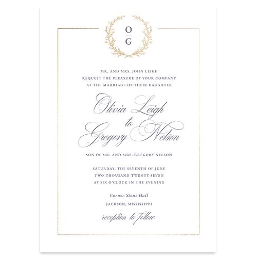 Gilded Wreath Wedding Invitations Gold Dusty Blue Signature Blank No Standard