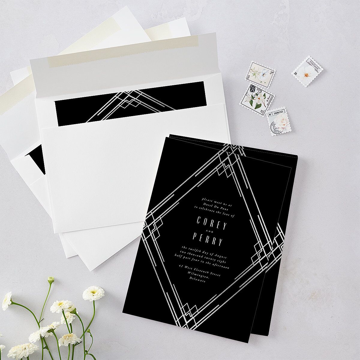 Diamond Deco Wedding Invitations Silver Licorice Signature Blank No Standard
