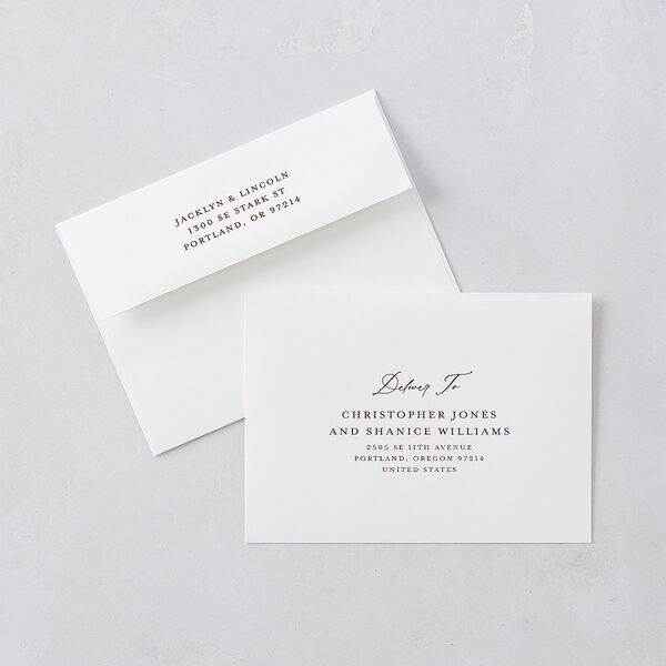 Elegant Vintage Images Save The Date Card Envelopes White Burgundy Both Recipient and Return Addresses Signature Standard