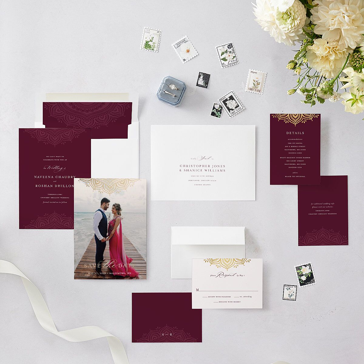 Indian Gilded Adornment Save The Date Cards Gold Burgundy Signature smooth Blank No Standard