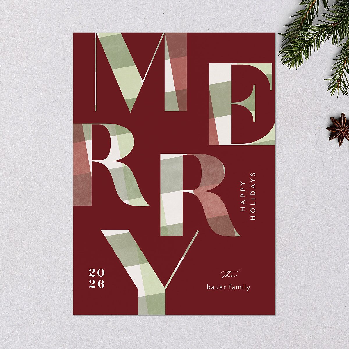 Flannel Type Holiday Cards Maroon Signature Blank Standard Portrait