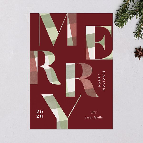 Flannel Type Holiday Cards Maroon Signature Blank Standard Portrait