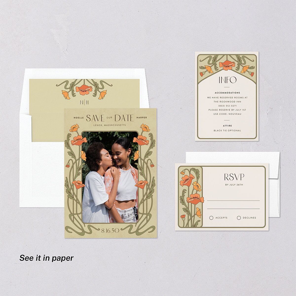 Vintage Nouveau Floral Digital Save the Date Cards Pear Dusty Blue Lets Celebrate Standard