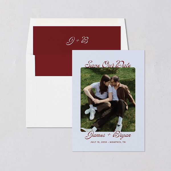 Retro Modern Photo Save the Date Cards Ice Blue Signature smooth Blank No Standard