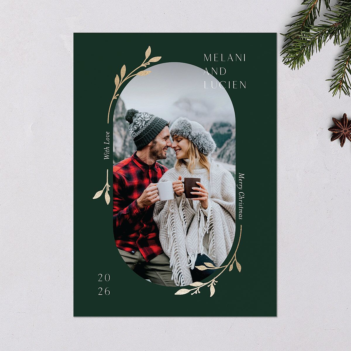 Christmas Sprigs Holiday Cards Gold Dark Green Signature Blank Standard Portrait