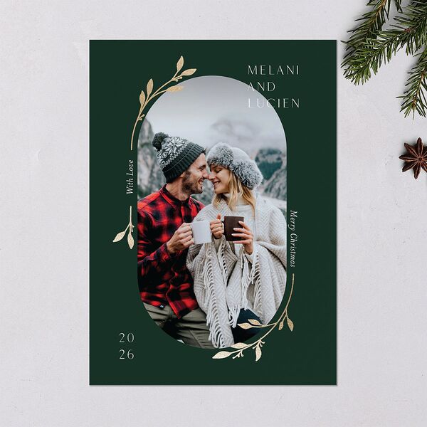 Christmas Sprigs Holiday Cards Gold Dark Green Signature Blank Standard Portrait