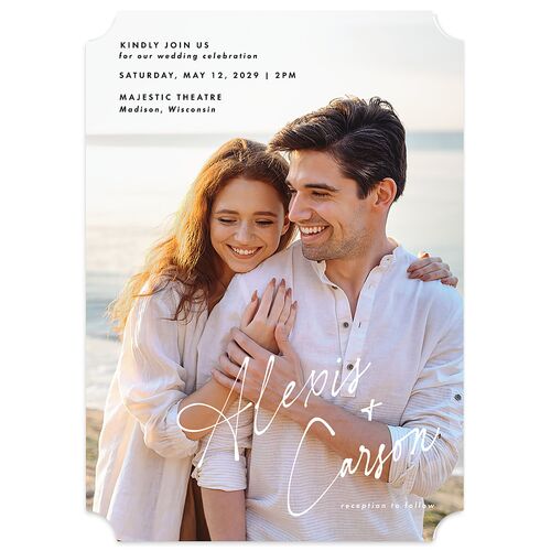 Elegant Modern Portrait Script Wedding Invitations Pure White Signature Blank No Ticket