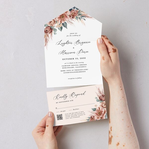 Pampas and Eucalyptus Floral All-in-One Wedding Invitations Desert Rose Signature Light Both Recipient and Return Addresses No