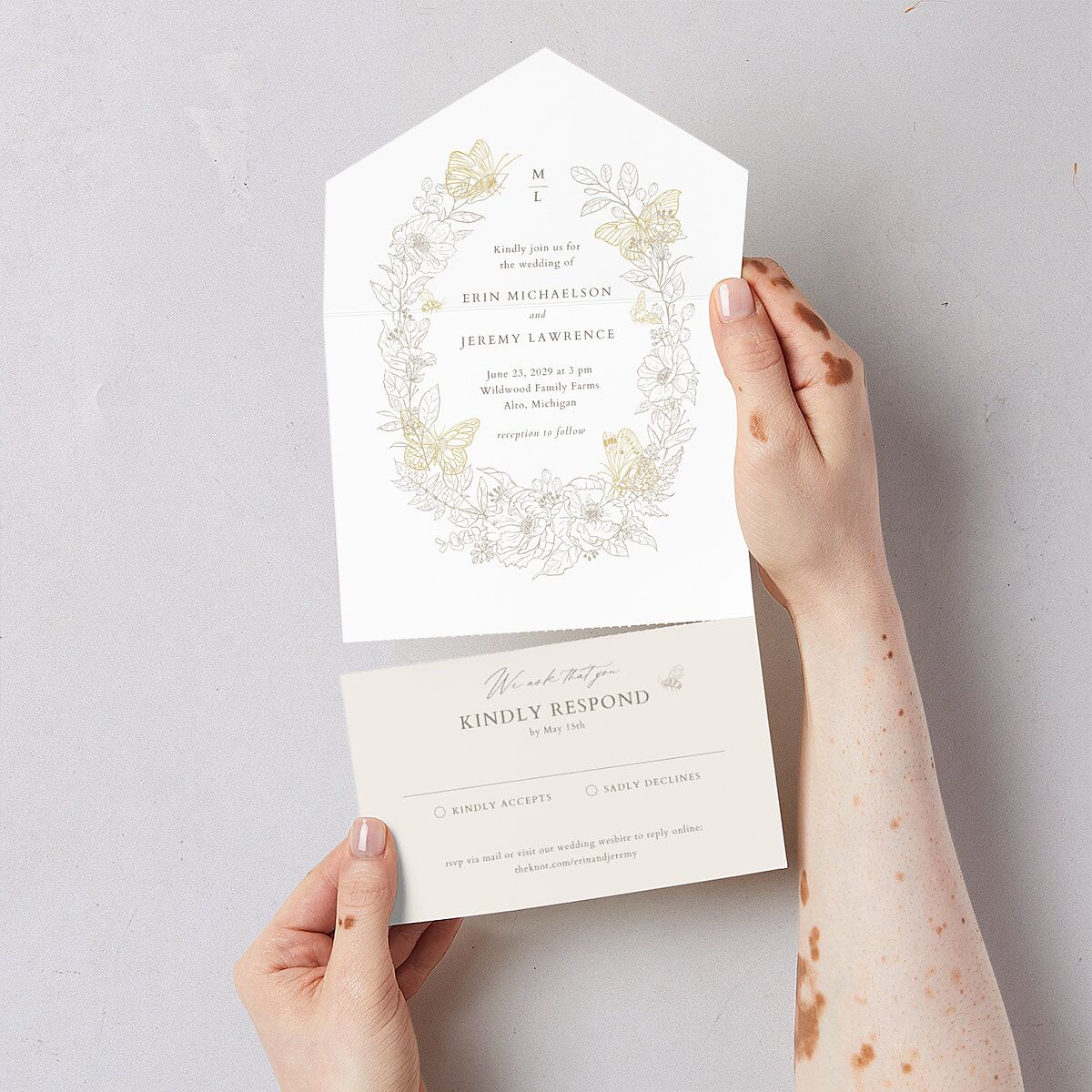 Butterfly Botanical All-in-One Wedding Invitations Pure White Signature Light Both Recipient and Return Addresses No