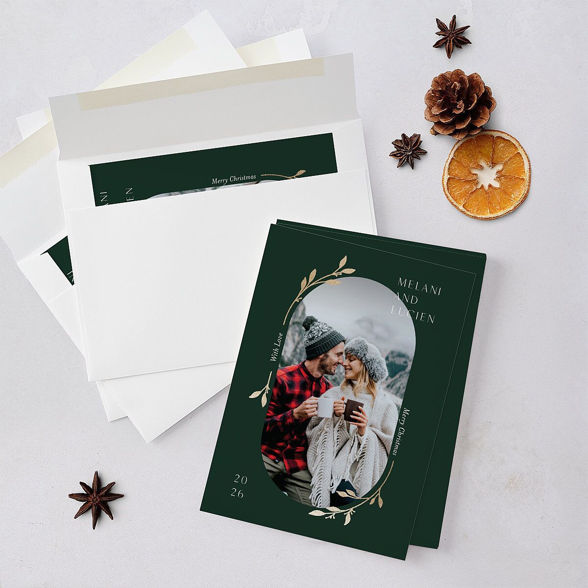 Christmas Sprigs Holiday Cards Gold Dark Green Signature Blank Standard Portrait