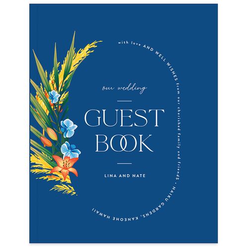 Hawaiian Tropical Orchid Oval Wedding Guest Book Sapphire